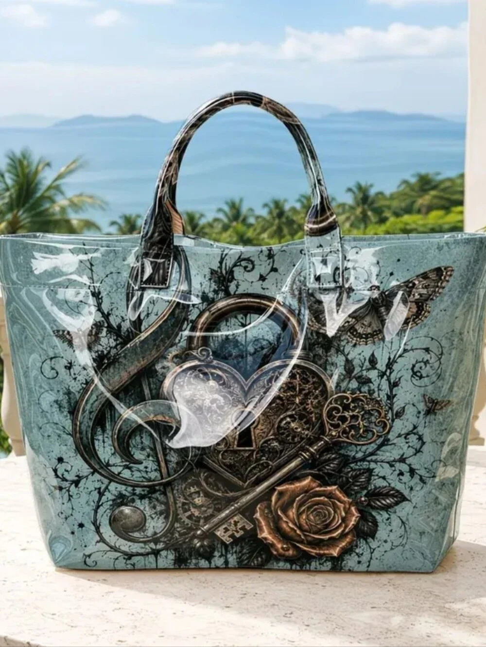 Women Vintage Dark Side Lock Key Rose Butterfly Large Hand Tote Bag